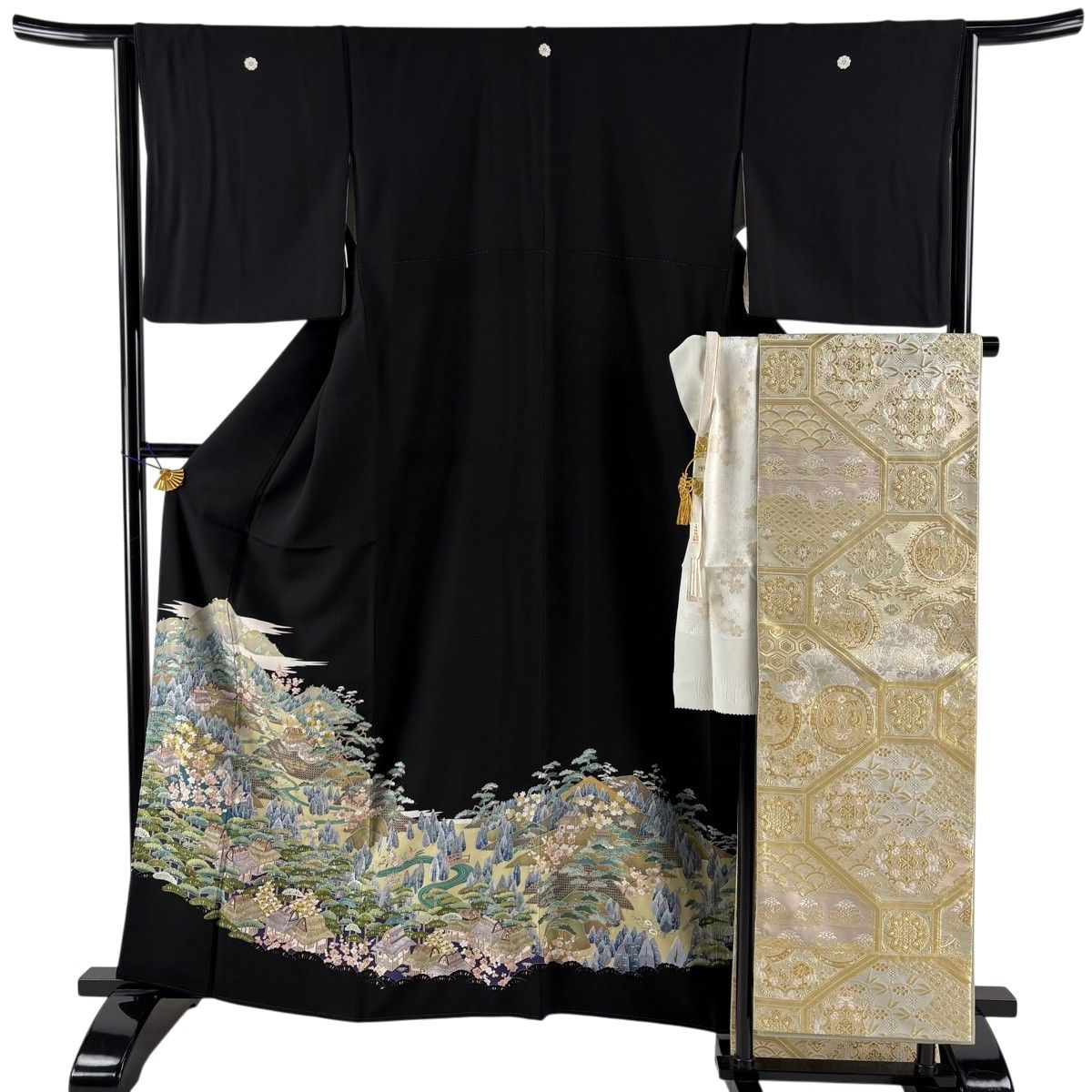 美品】 黒留袖 身丈160.5cm 裄丈64cm M 袷 袋帯フルセット 落款 家屋