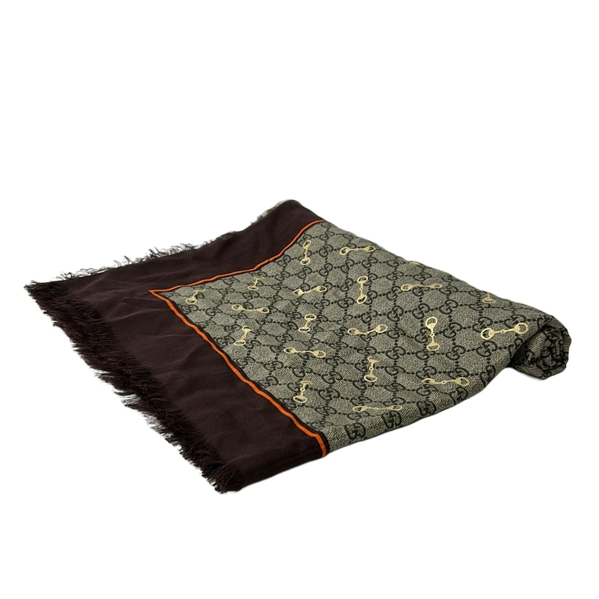 GUCCI(グッチ) ストール(ショール)美品 - 662577 ベージュ×ダークブラウン×マルチ GG柄/ホースビット シルク