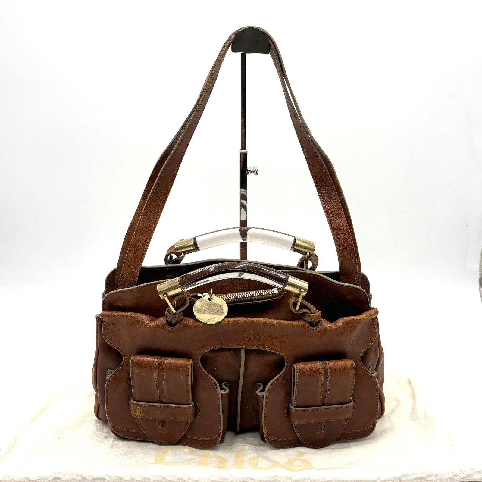Auth Chloe Saskia Y2K 2Way Satchel Shoulder Hand Bag Brown Plastic Handle