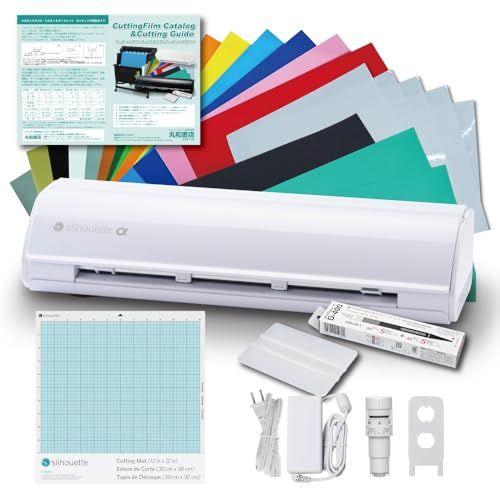 セット商品 シルエットカメオ5アルファ Silhouette Cameo5α ホワイト A4シート計31枚[カッティング用シート14枚 転写シート14枚 マスキングシート2枚 アイロンシート1枚] NTカッターD-400 スキージーJu