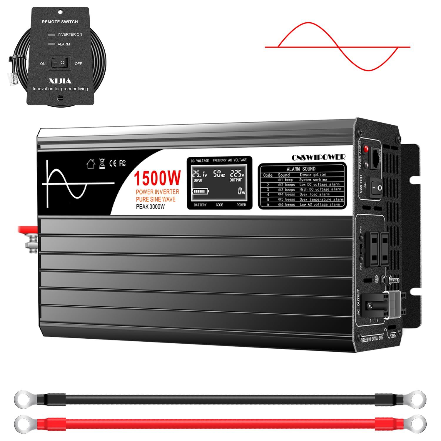 Xijia 1500W純正弦波インバーター、DC12V AC100V 電圧変換器、最大出力