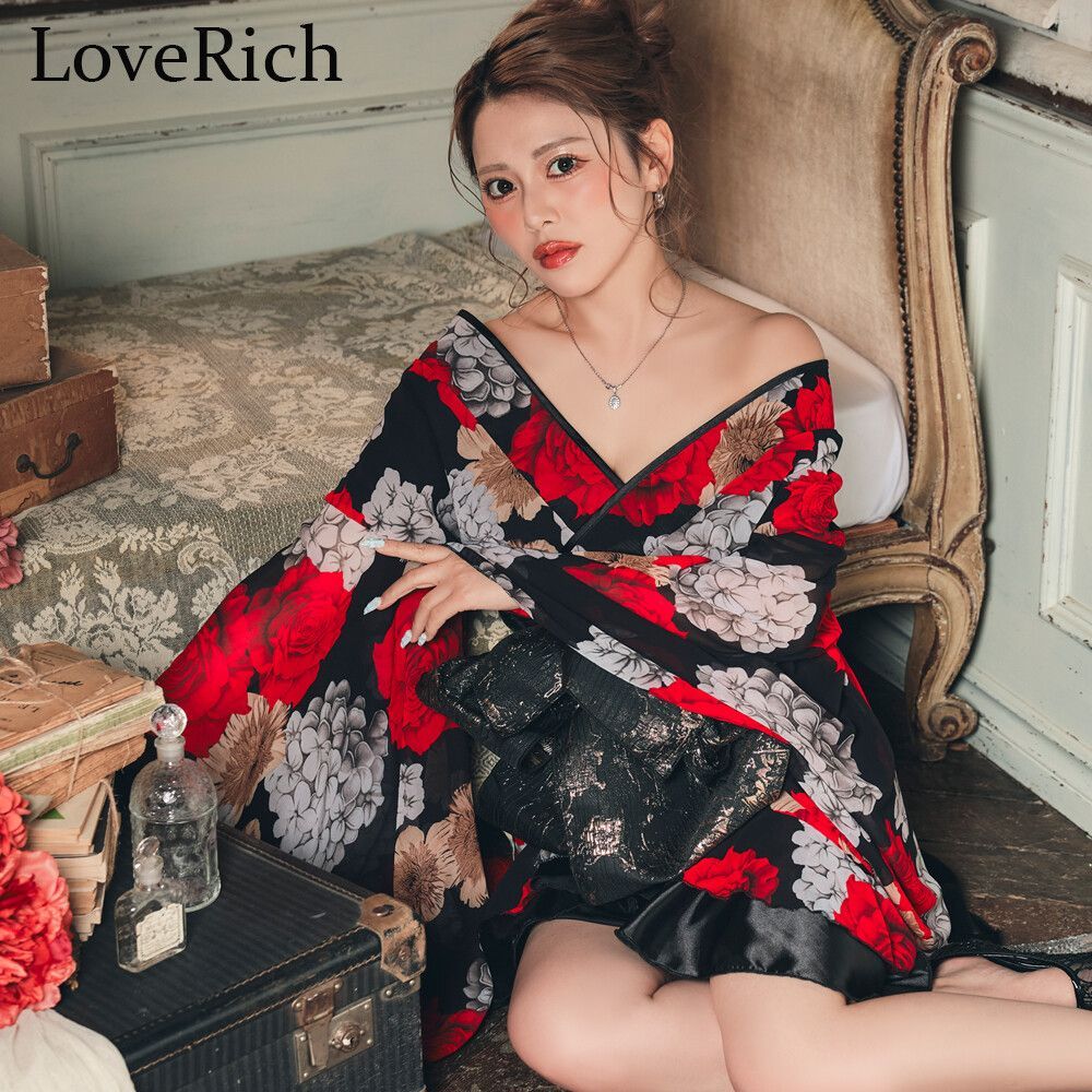 LoveRich ラブリッチ 【高級ライン】【2点セット】艶黒 薔薇 和柄 花柄 豪華 ミニ コスプレ ハロウィン 帯 花魁 着物 ドレス キャバドレス [1606]