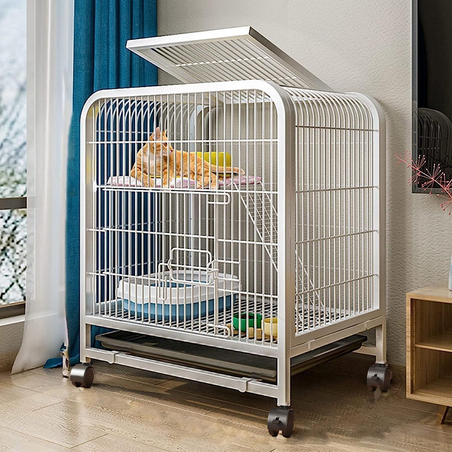 猫ケージ 猫用ケー ジ猫ハウス 猫のゲージ 【ホワイト ｜製品サイズ 60*45*65cm[2段]】大きめ動物ケー ジ 大型猫用ケ ージ 多頭飼い猫 移動便利 組立簡単 取り外し可能なペット用品 留守番・保護に 室内で使える猫ハウス 頑丈な設計Ju