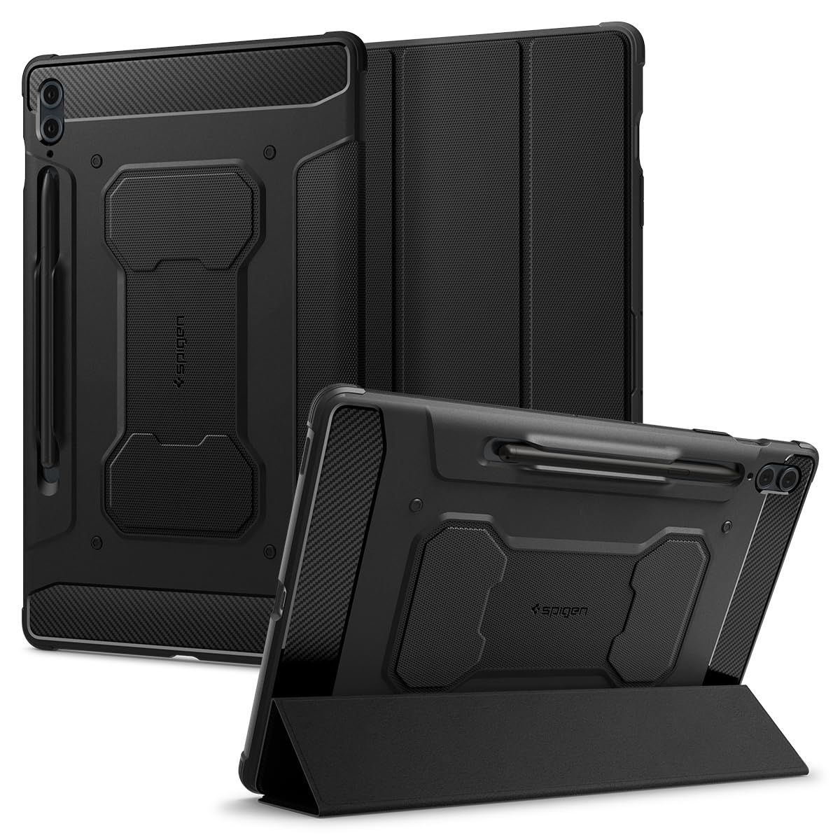 Spigen Galaxy Tab S9 FE+ Plusケース(2023)用、頑丈なアーマープロ保護三つ折りカバー、内蔵Sペンホルダー、衝撃吸収カーボンファイバーデザイン、12.4インチ、ブラック [ブラック]