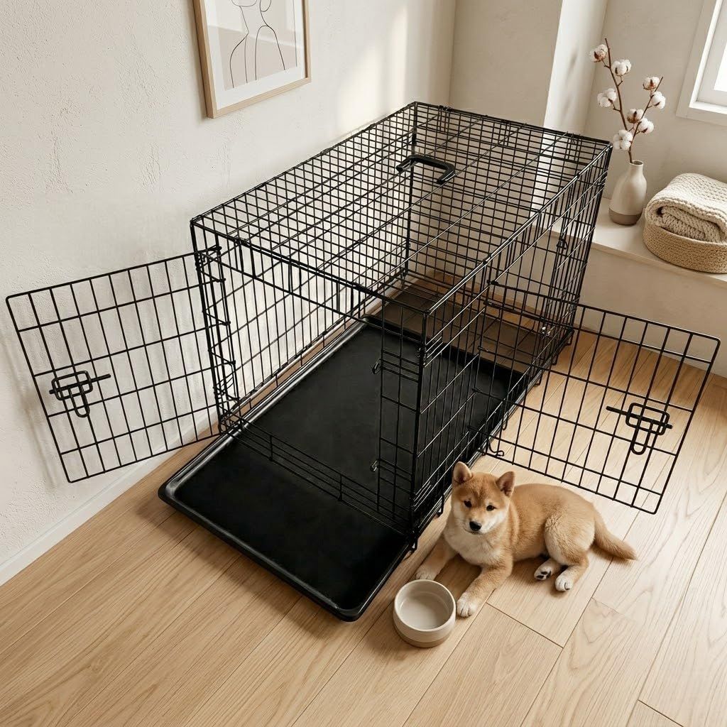 N&S ペットケージ S 60×42.5×48cm 折りたたみ式 トレー付き 持ち手付き 室内外兼用 犬 猫 小動物用 工具不要 スチール製 ブラック | ペットケージ・室内外兼用 /折りたたみ式・収納便利 /トレー付き・掃除しやすい /持ち手付き・移動便Ju