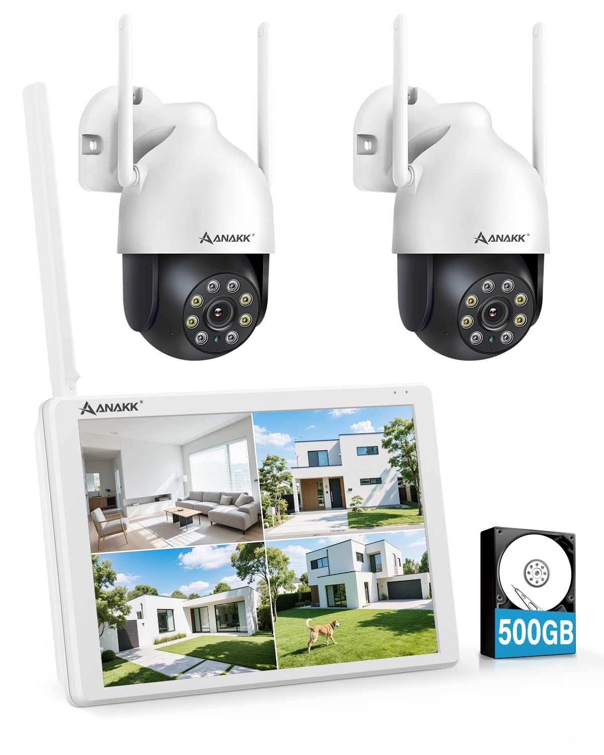 防犯カメラ 屋外 2台セット 800万画素対応 液晶モニター付き 自動追尾機能 360°全方位回転 無線防犯カメラ 夜間カラー撮影 発光威嚇 室内 監視カメラ HDD内蔵 24時間録画機能付き 遠隔監視 スマホ連動 動体検知 IP66防水防塵 無料Esepms
