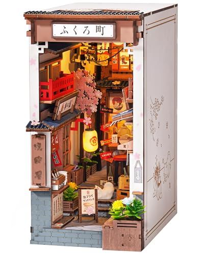 ROBOTIME 立体パズル ブックヌック キット 3d ウッド パズル 和風 居酒屋 ミニチュアハウス ドールハウス キット ミニチュア キット 木製 手作り クラフト ブックスタンド 組み立て本棚装飾 LEDライト内蔵 初心者中学生も簡単組立 知育玩pms