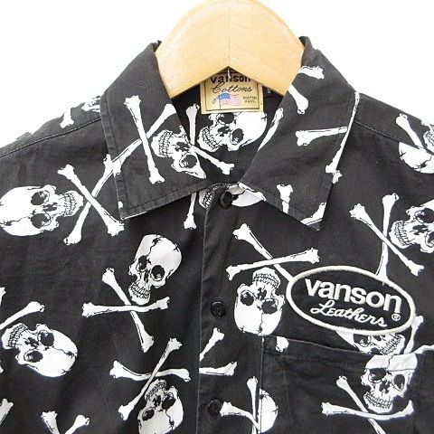 バンソン VANSON シャツ カジュアル 半袖 スカル柄 ロゴ ワッペン 綿
