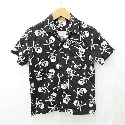 バンソン VANSON シャツ カジュアル 半袖 スカル柄 ロゴ ワッペン 綿