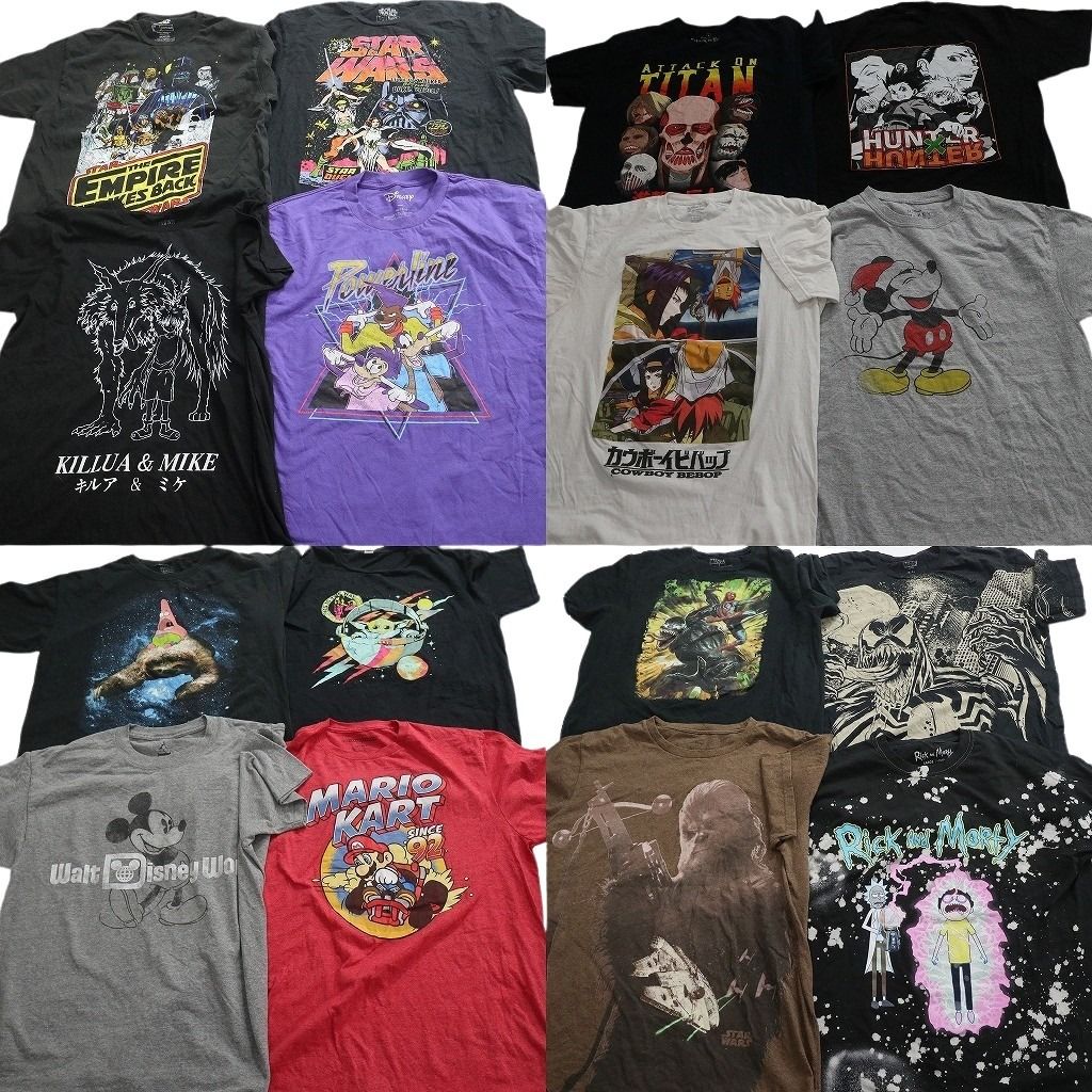 古着卸 まとめ売り キャラクター Tシャツ 16枚セット ( メンズ Ｌ ) ミッキーマウス ハンターハンター 進撃の巨人 中古 古着 NF6830