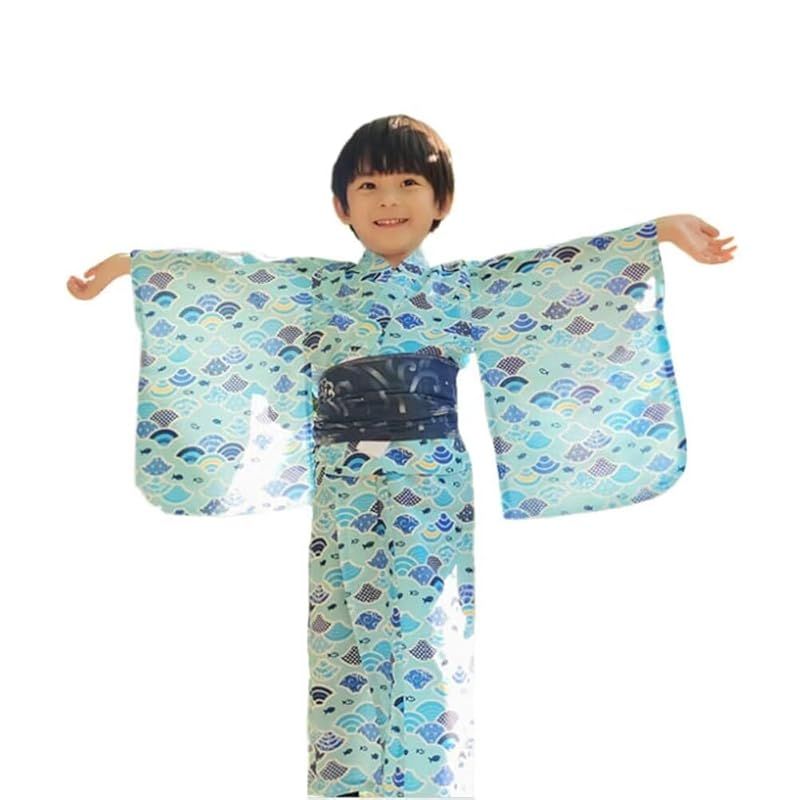 [JIUJIUYCL] 浴衣 男の子 キッズ 子供服 ジュニア 2点セット 帯 和柄 波柄 トンボ柄 花火柄 かわいい 着物 和服 お祭り 夏祭り 花火大会 夕涼み ボーイズ 100 110 120 130 0