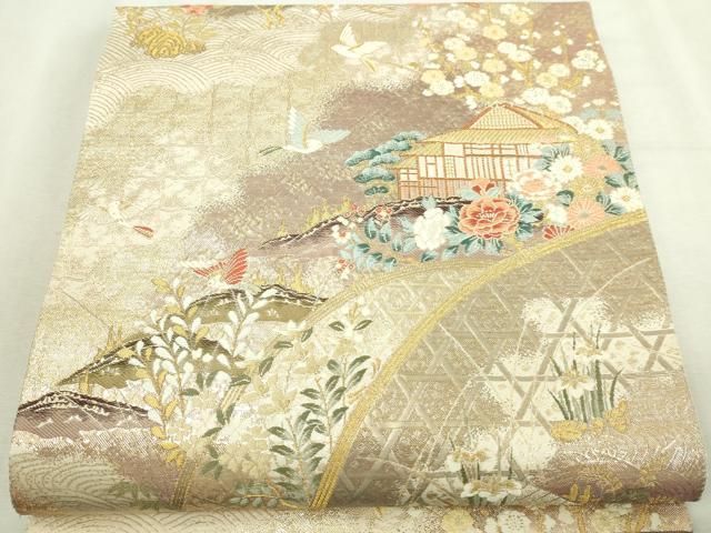 平和屋本店▼六通柄袋帯　春秋照映文　九百本金弐重織　正絹　逸品　DABI1398sf