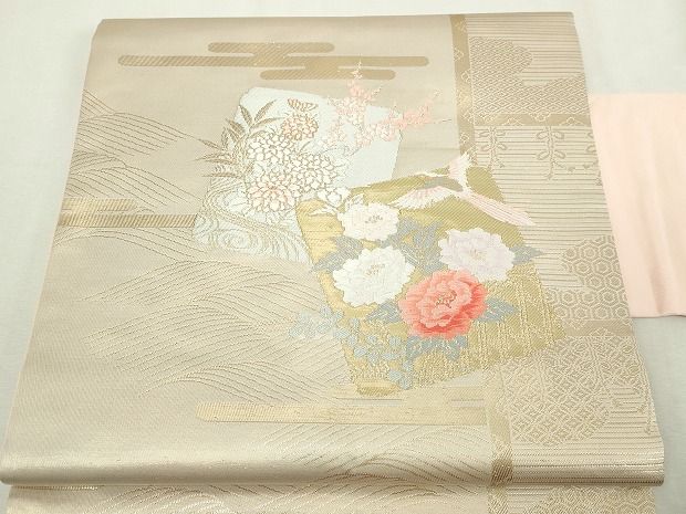 平和屋本店▼九寸名古屋帯　唐織　花鳥文　本金箔　正絹　逸品　DABI1409sf