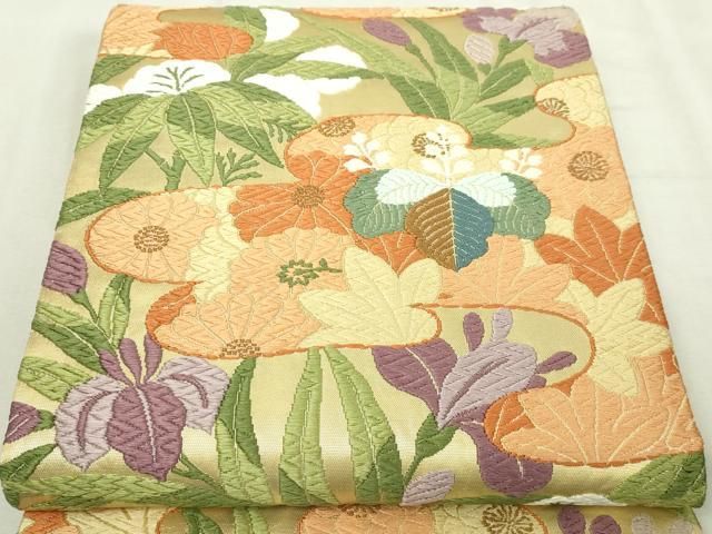 平和屋本店▼六通柄袋帯　唐織　草花文　本金箔　正絹　逸品　DABI1423sf