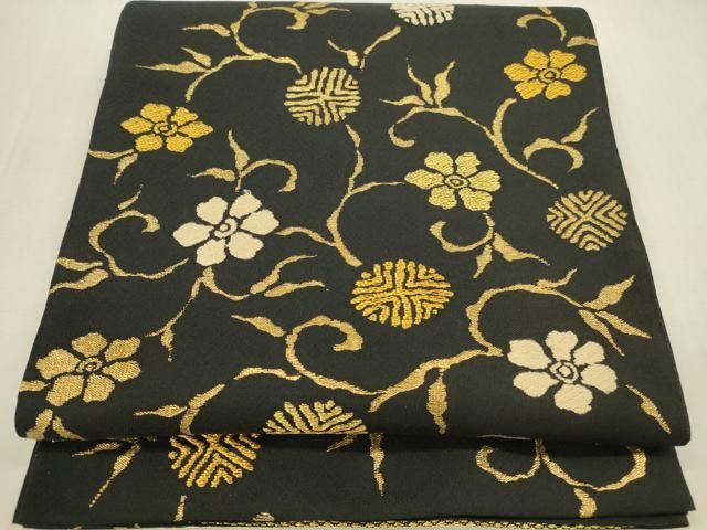 平和屋本店▼太鼓柄袋帯　笹蔓文様　黒地　本金　正絹　逸品　DABI5038op