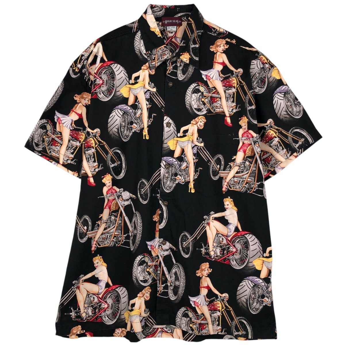 古着 HIGH SEAS Trading Co. ピンナップガール 総柄 ハワイアンアロハシャツ ボックスシャツ USA製 メンズXL相当 ヴィンテージ/eaa658564