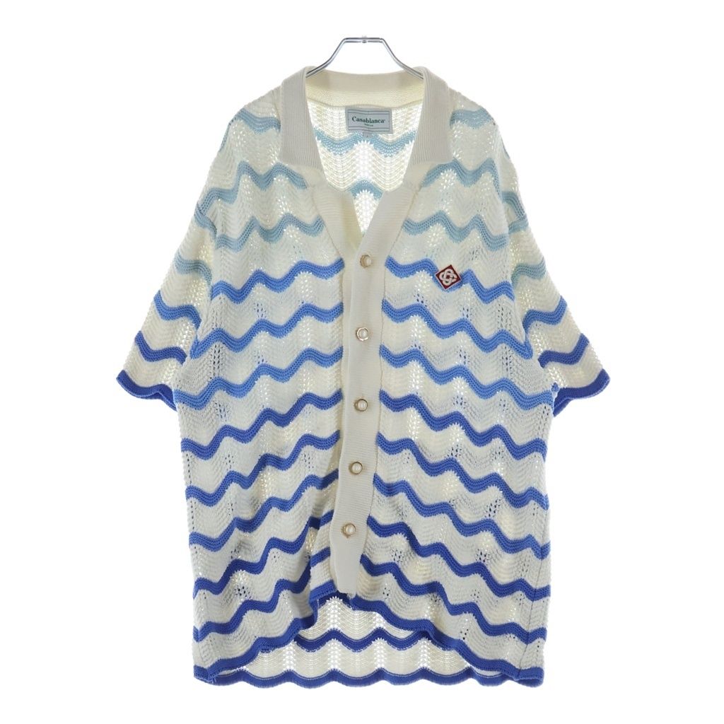 CASABLANCA (カサブランカ) 24SS WAVY GRADIENT CROCHET SHIRT CASABLANCA24SP-6 パールボタン ウェーブクロケットニット半袖シャツ ホワイト/ブルー