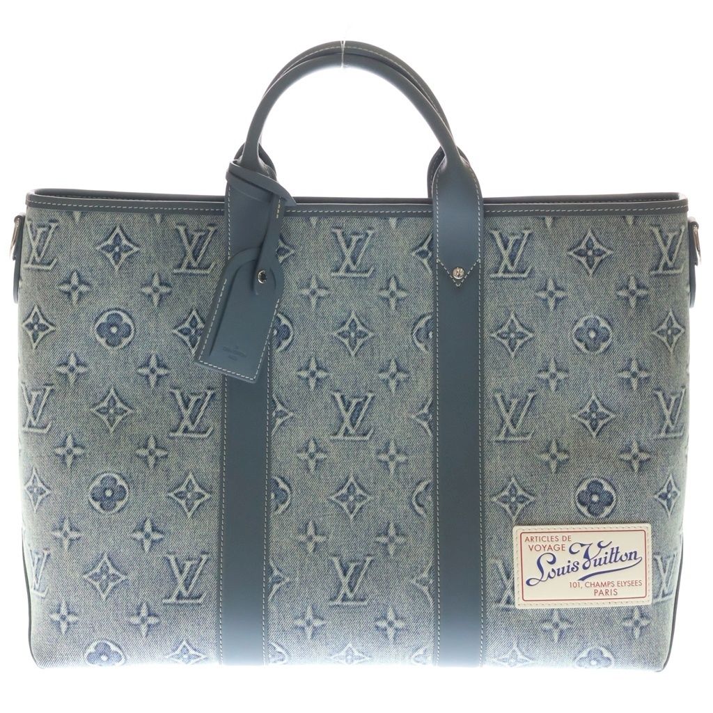 LOUIS VUITTON (ルイヴィトン) モノグラム ウォッシュデニム ウィークエンドトートNM キャンバス レザー 2WAY ハンドバッグ ショルダーバッグ トートバッグ ICタイプ ブルー M22537