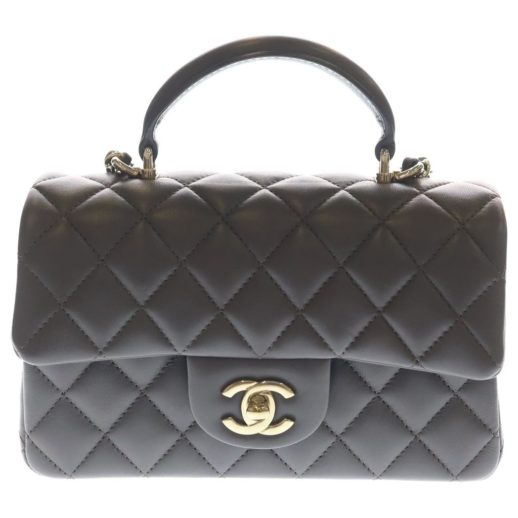 CHANEL (シャネル) マトラッセ20 トップハンドル シングルフラップ シングルチェーン ラムスキン ゴールド金具 チェーンショルダーバッグ プレート ブラウン AS2431