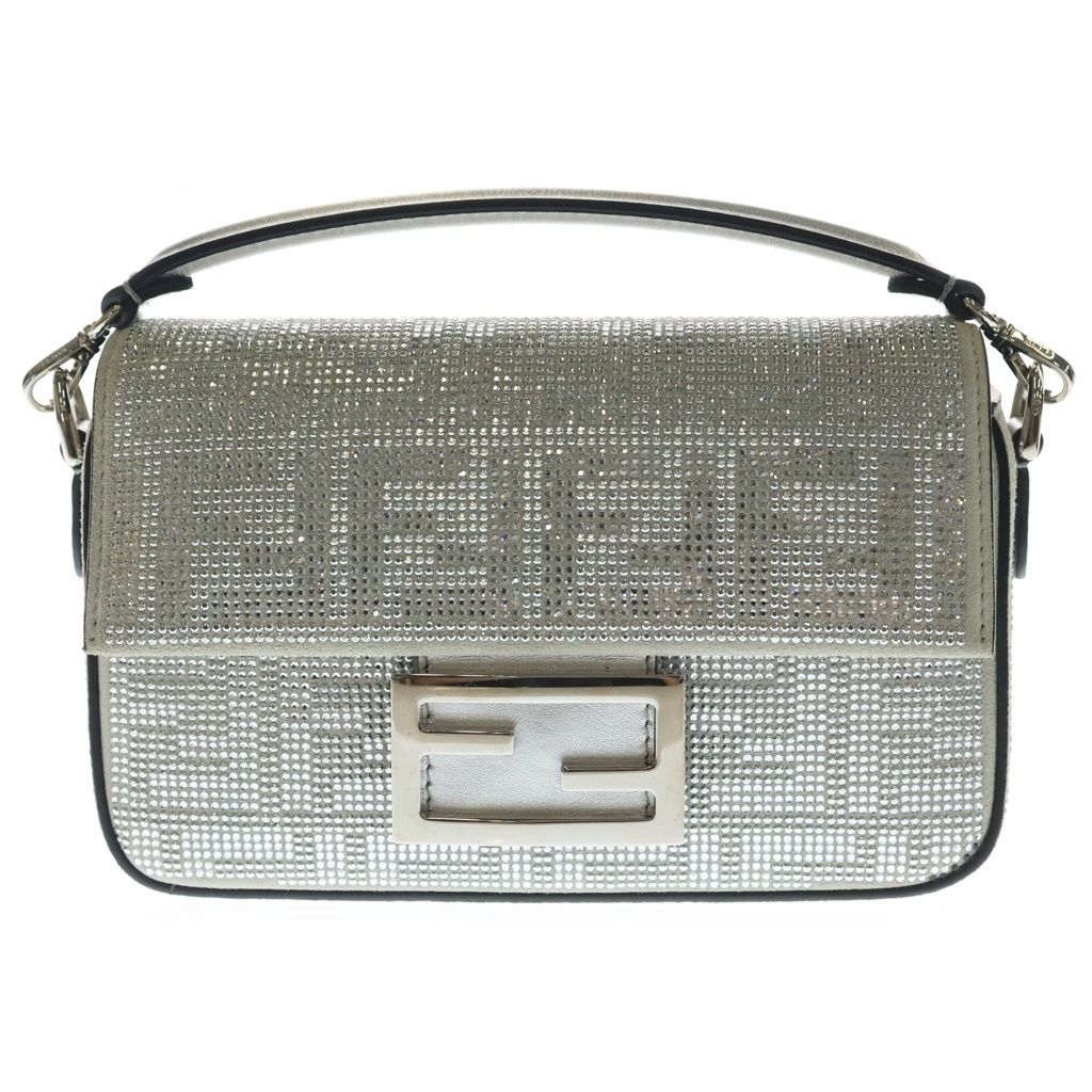 FENDI (フェンディ) マンマバケット ミニ クリスタル レザー 2WAY ハンドバッグ チェーンショルダーバッグ シルバー