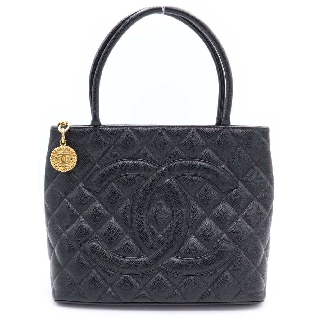CHANEL (シャネル) 復刻トートバッグ ハンドバッグ ブラック キャビアスキン ゴールド金具