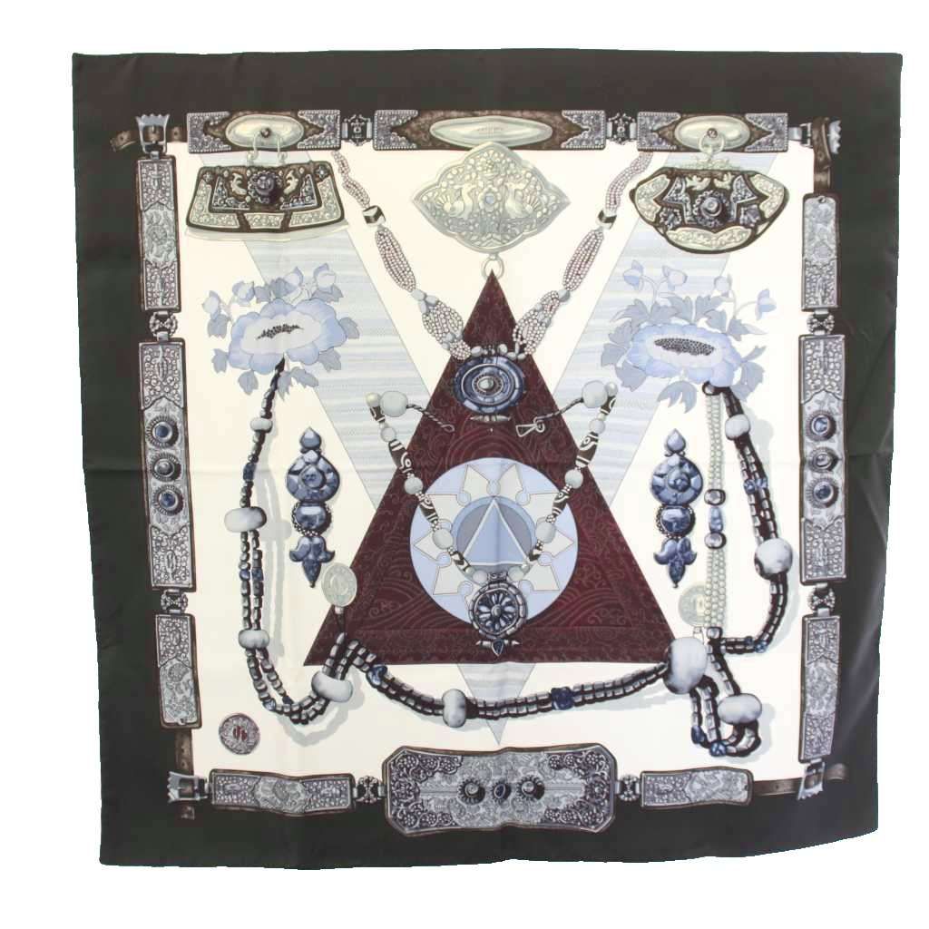 エルメス HERMES チベット TIBET カレ90 スカーフ 総柄 シルク グレー