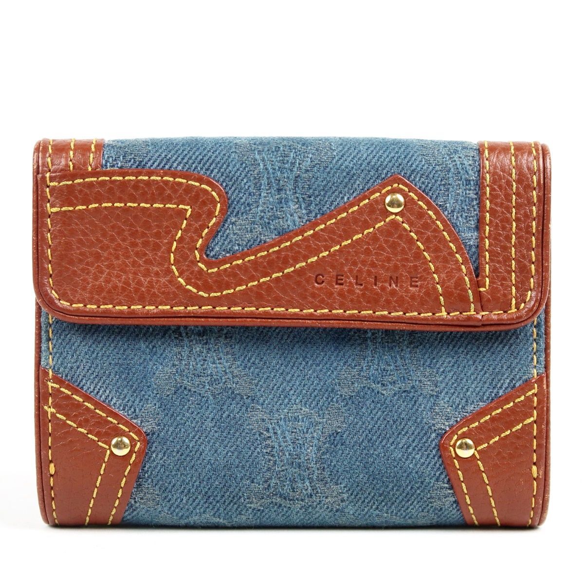【美品】CELINE セリーヌ トリオンフ デニム×レザー ウォレット 二つ折り財布 ブルー系×ブラウン系【UX89】