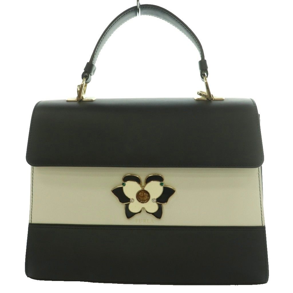 フルラ FURLA ムゲット MUGHETTO ハンドバッグ ワンハンドル バタフライモチーフ レザー 黒 ブラック オフホワイト /SS ■OS