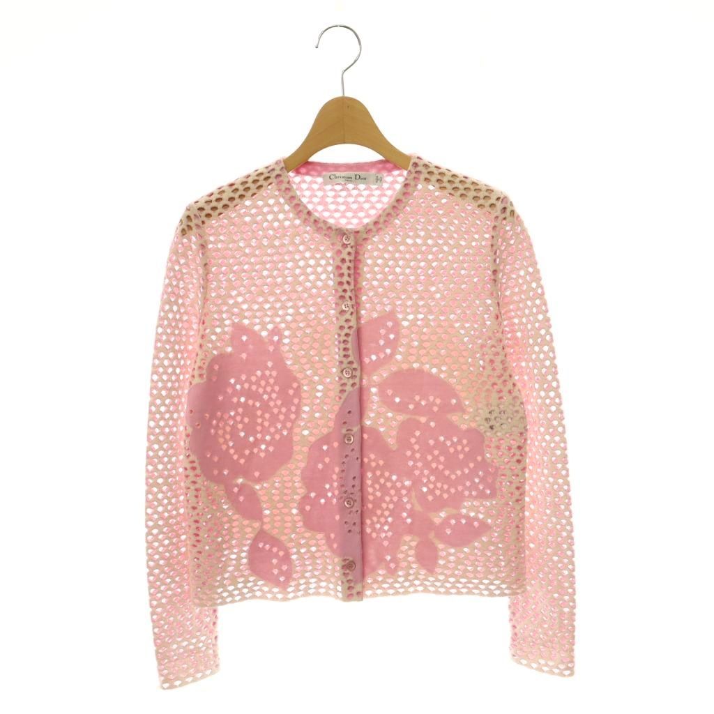 クリスチャンディオール Christian Dior カーディガン ニット 透かし編み クルーネック I40 ピンク ベージュ /CX ■OS