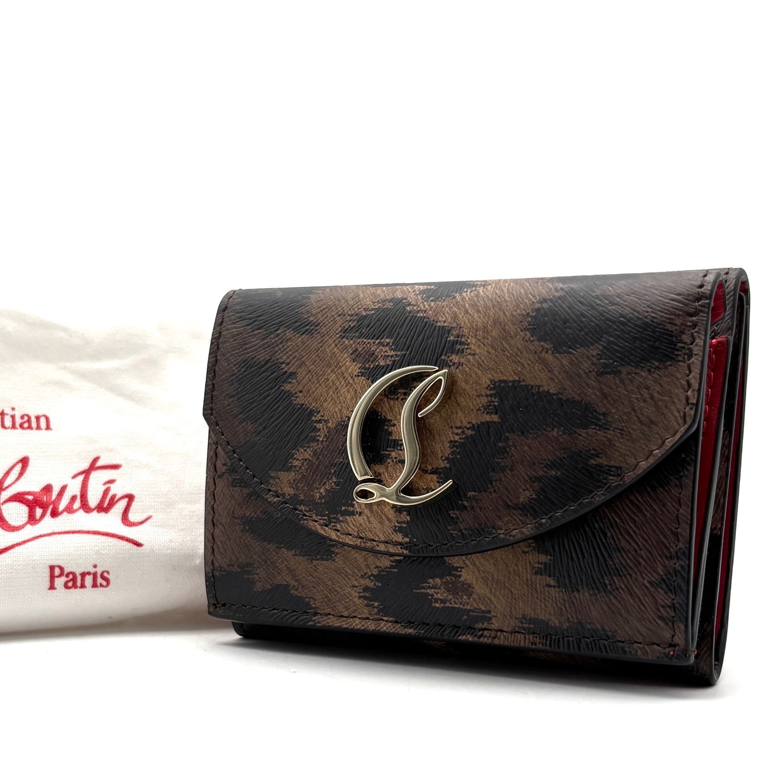 未使用保管品 クリスチャンルブタン Christian Louboutin 三つ折り財布 コンパクトウォレット レオパード 豹柄 レザー 本革 ブラウン 茶 夏休み 帰省 お盆 敬老の日 シルバーウィーク 秋 ギフト プレゼント ご褒美 レディース
