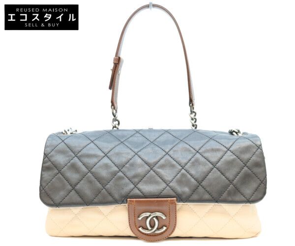 CHANEL　シャネル　黒×ベージュ バイカラー カーフ イーストウエスト マトラッセ シルバー金具 チェーンショルダーバッグ