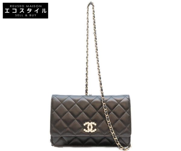CHANEL シャネル A33814 ラム 黒 ゴールド金具 ココパール マトラッセ チェーンウォレット 財布