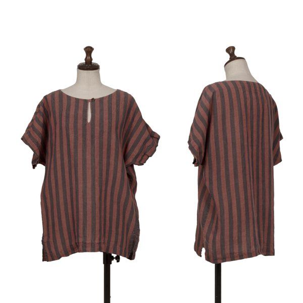 イッセイミヤケペルマネンテISSEY MIYAKE PERMANENTE リネン混ストライププルオーバー半袖ブラウス 赤紺M