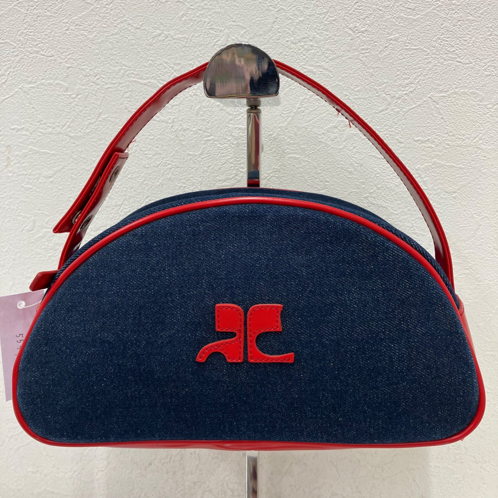 Y5547　【美品】　courreges　クレージュ　ハンドバッグ　デニム　インディゴ　レッド　レディース　デカロゴ　ヴィンテージ　Y2K　ブルー