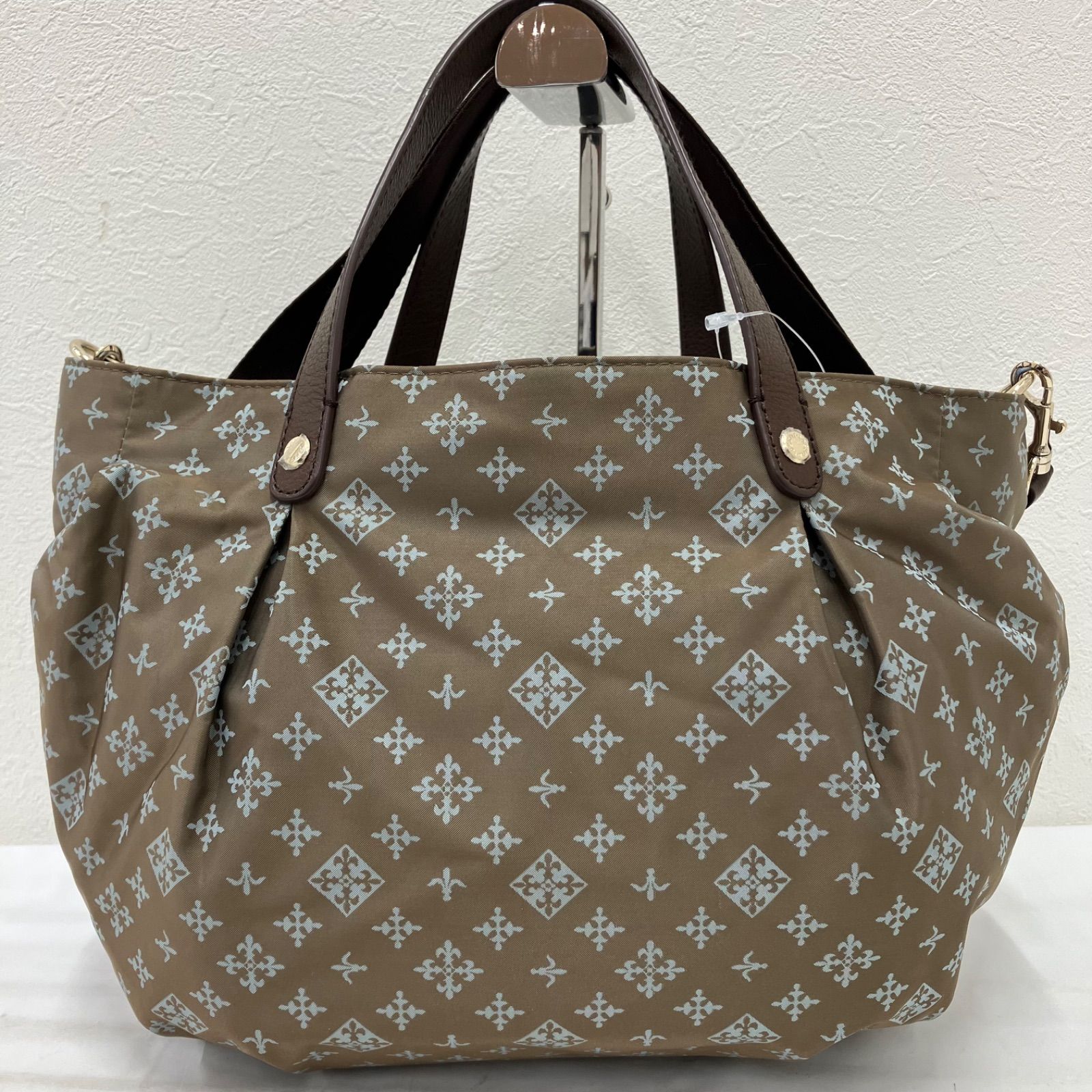6095　【良品】　russet ラシット　2way　2way　ショルダーバッグ　ハンドバッグ　インナーポーチ　レディース　ナイロン　レザー　モノグラム　ベージュ　ダークベージュ　ブラウン　ポケット多数