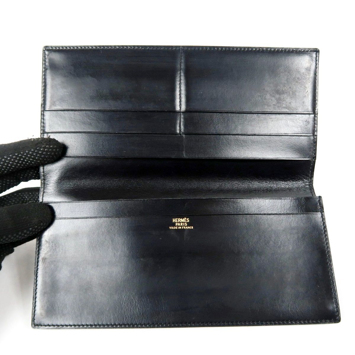 HERMES 黒 レザー 長財布 美品】HERMES エルメス フランス製 ボックスカーフ 二つ折り長財布