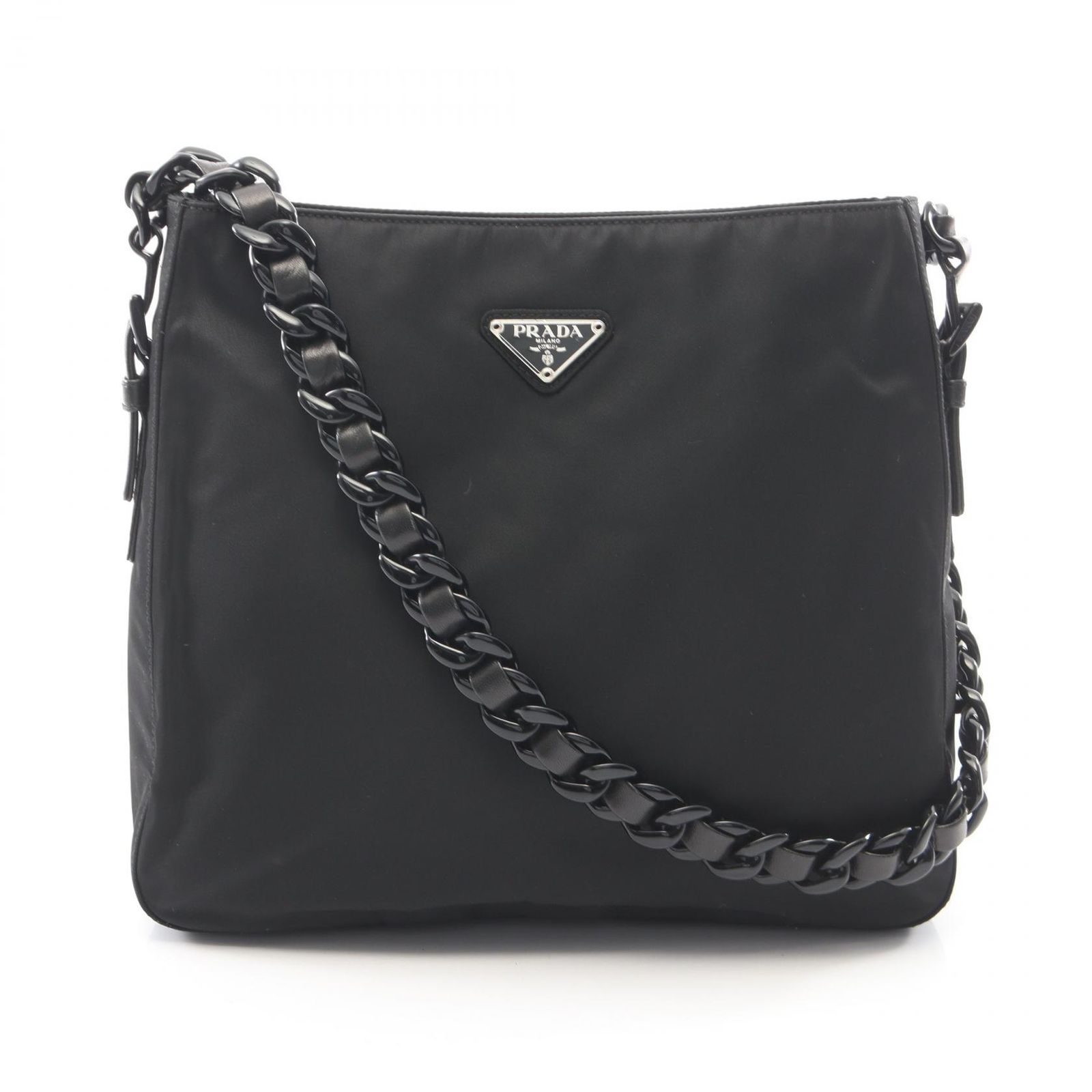 プラダ PRADA ショルダーバッグ TESSUTO BACHELI B7409 ブラック ナイロン レザー トライアングルロゴ プラチェーンショルダー レディース Used A