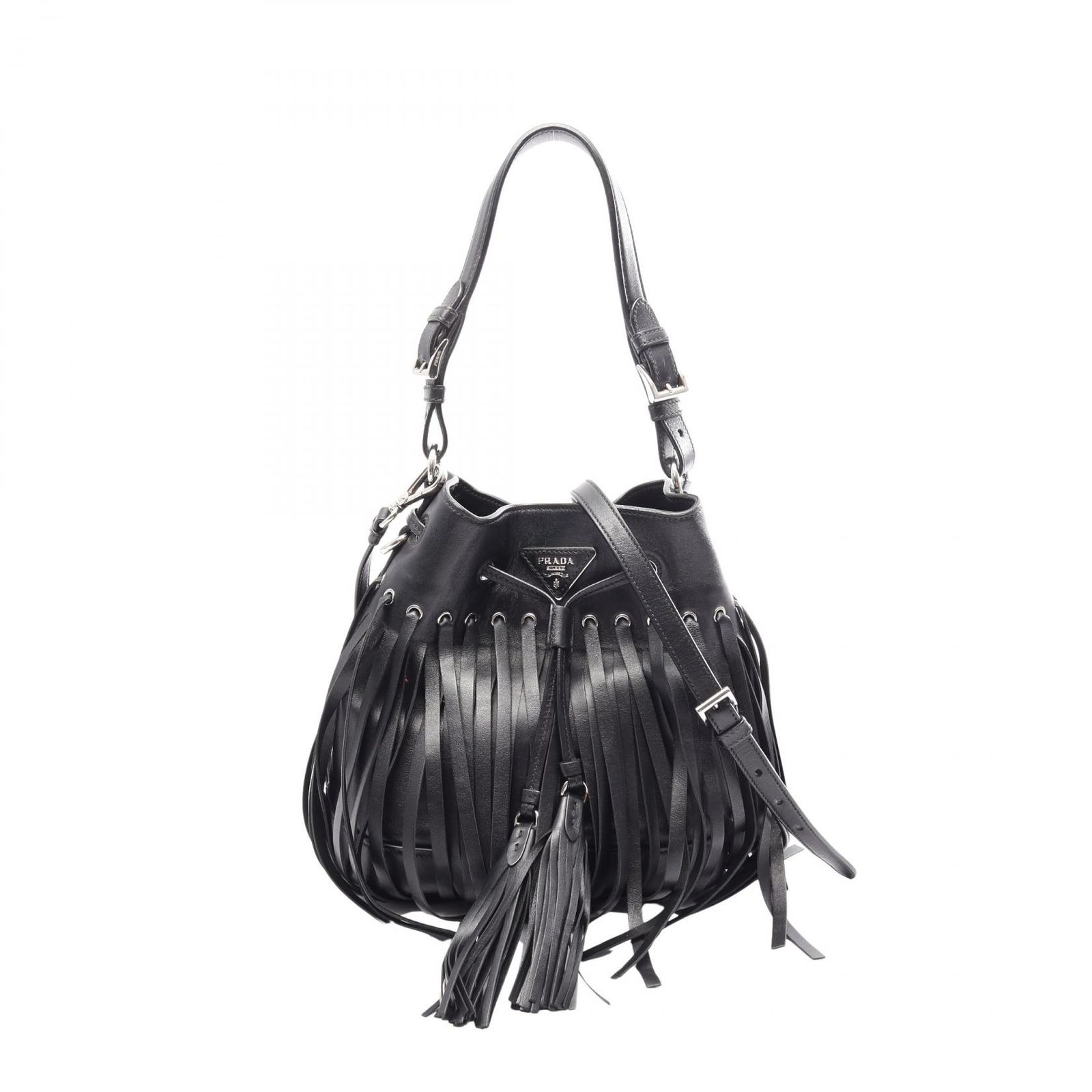 プラダ PRADA ハンドバッグ トライアングルロゴ フリンジ 2WAY ブラック レザー トライアングルロゴ フリンジ 2wayショルダーバッグ レディース Used A