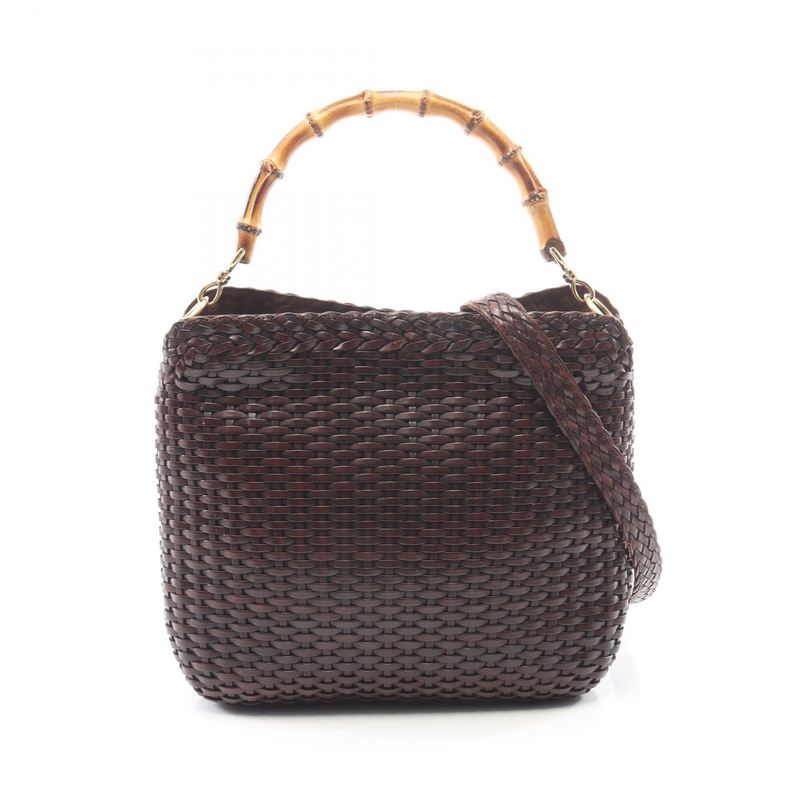 グッチ GUCCI ハンドバッグ バンブー 2WAY 001･0166･1638 ダークブラウン レザー バンブー 編み込み 2wayショルダー レディース Used B 58,190円