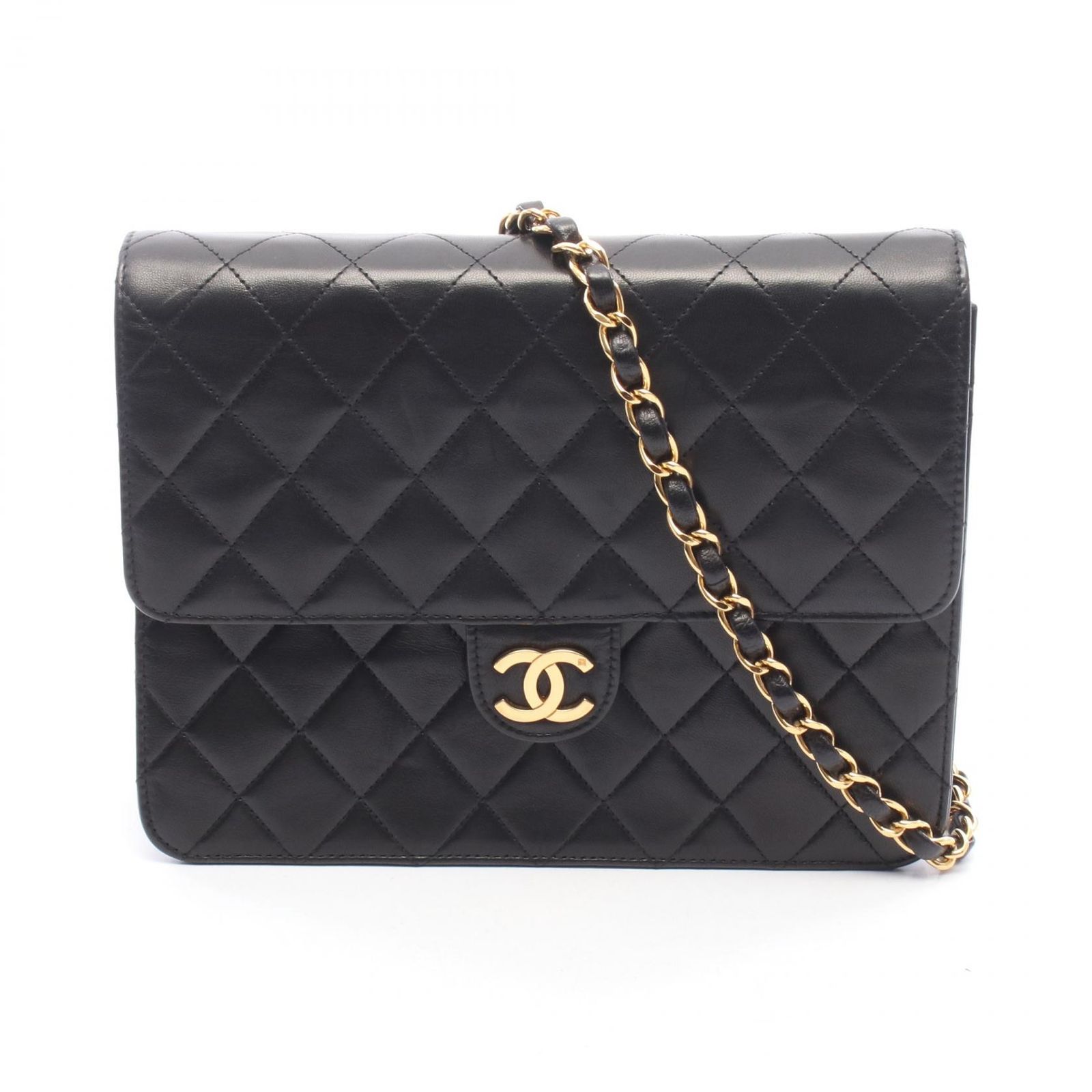 シャネル CHANEL ショルダーバッグ マトラッセ シングルフラップ ブラック ラムスキン（羊革） マトラッセ プッシュロック チェーンショルダー レディース