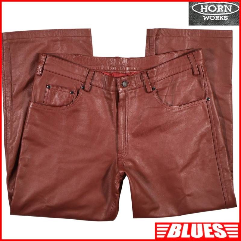 特大 HORN WORKS ホーンワークス レザーパンツ W40 茶 えんじ 牛革 バッファロー 本革 メンズ 革パンツ 本皮 レザーパンツ_ウエスト93cm以上一覧←SEULB屋着古← HS785 レザーパンツ_ウエスト93cm以上一覧←SEULB屋着古←