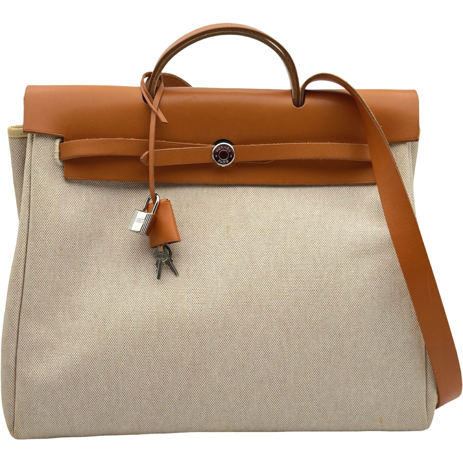エルメス HERMES エールバッグMM □C刻印 ベージュ/ゴールド シルバー金具 トワル レザー ユニセックス ハンドバッグ ショルダーバッグ