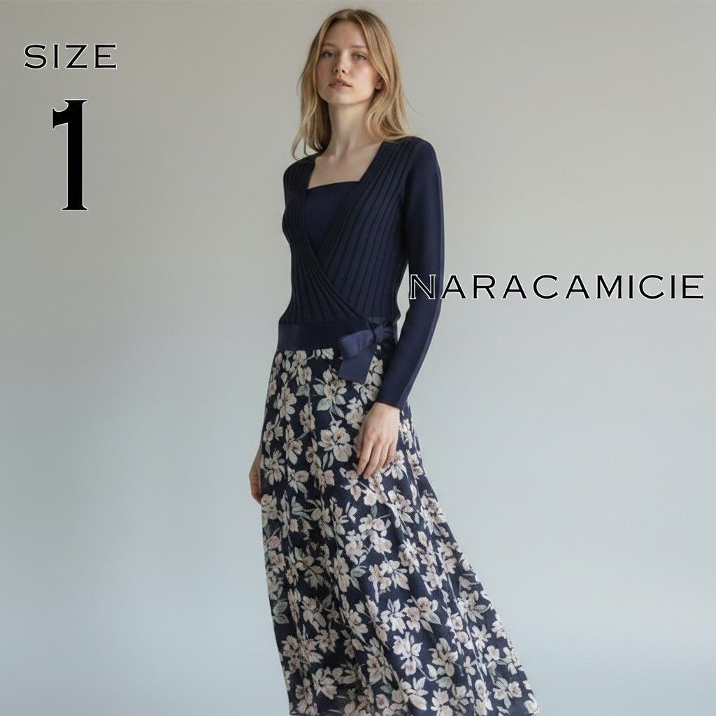 【新品タグ付】NARACAMICIEナラカミーチェ 日本製 ウール混 リボンベルト カシュクールリブニット 1(S)紺ネイビー 【古着】【中古】【送料無料】 6,092円