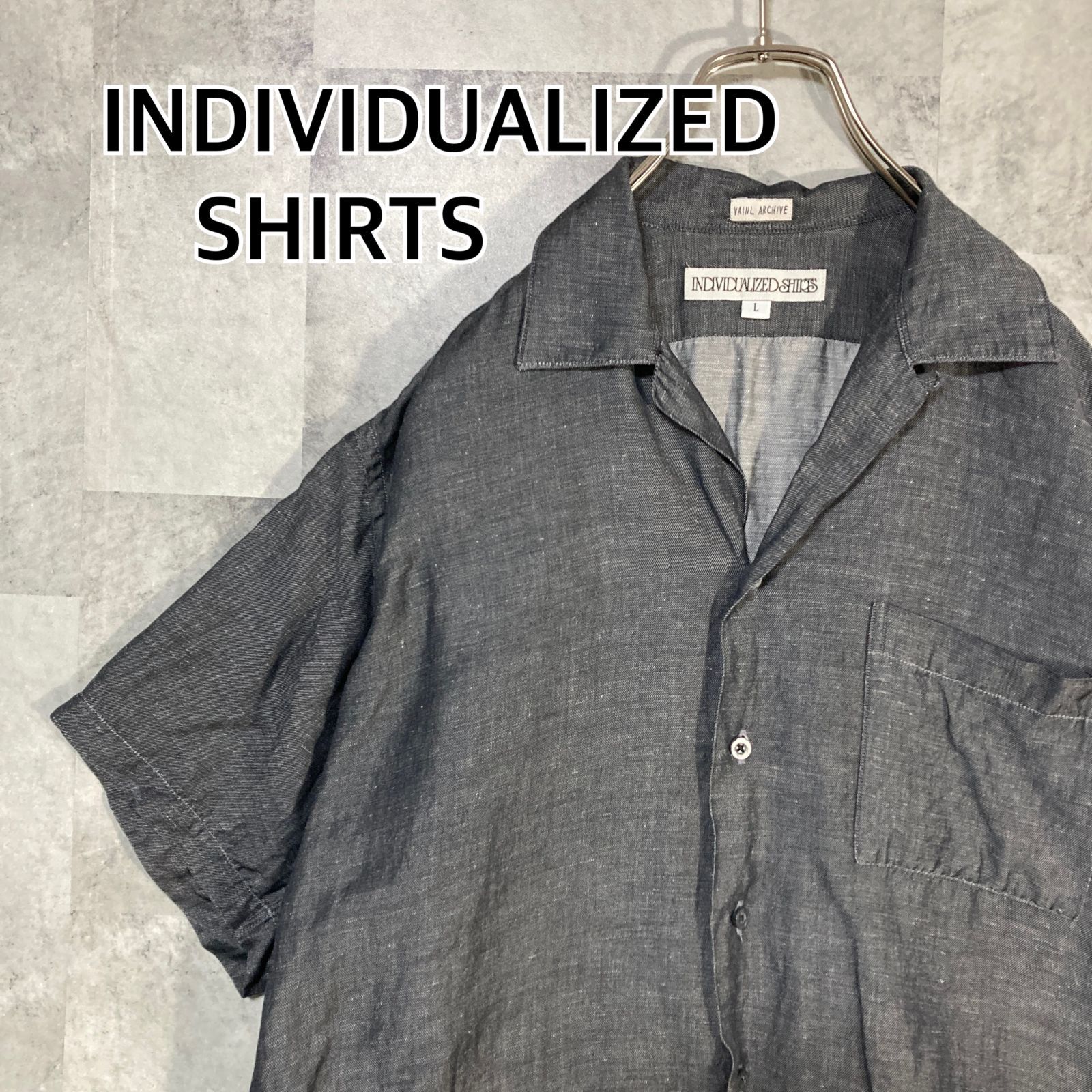 USA製 INDIVIDUALIZED SHIRTS インディヴィジュアライズド シャツ 半袖 オープンカラーシャツ コットン＆リネン グレー L