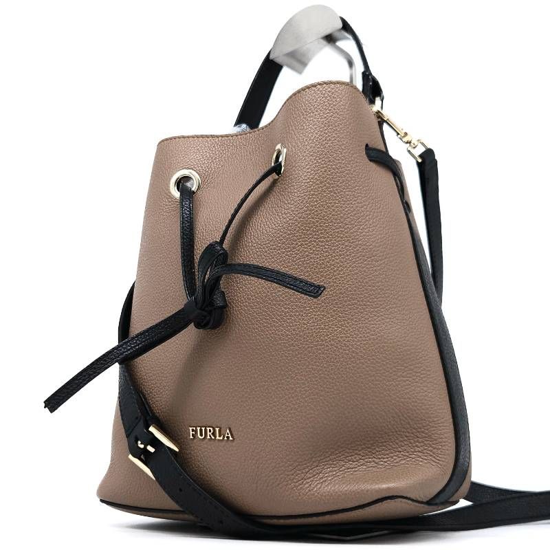 FURLA フルラ コスタンザ 巾着 2way ショルダーバッグ トープ ブラック レザー W21.5 グレージュ 黒 バイカラー ドローストリング ハンドバッグ 斜め掛け 肩掛け ポシェット 5段階調整 ゴールドロゴ バケットバッグ ミニバッグ お出かけ