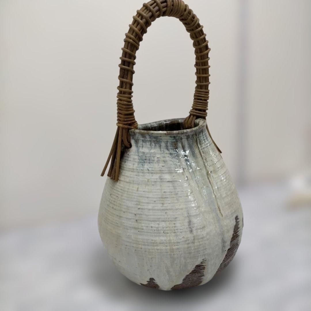 和モダン 竹持ち手付き陶器花器 作家印あり フラワーベース 花瓶 大型 インテリア 置物 焼き物 260217-13T