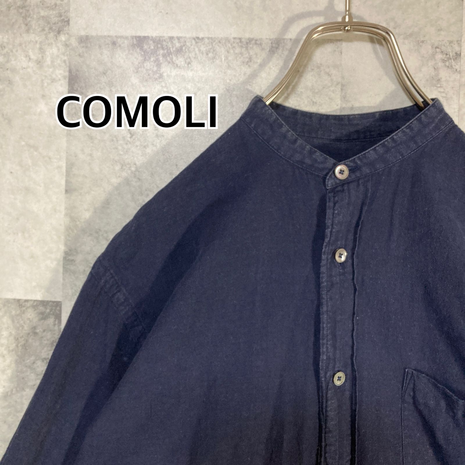 日本製 COMOLI コモリ 長袖 バンドカラー シャツ ネイビー 1