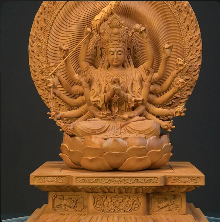 修縁堂】観音菩薩 木彫り精密彫刻 仏像 準提菩薩 仏教美術 置物 木彫