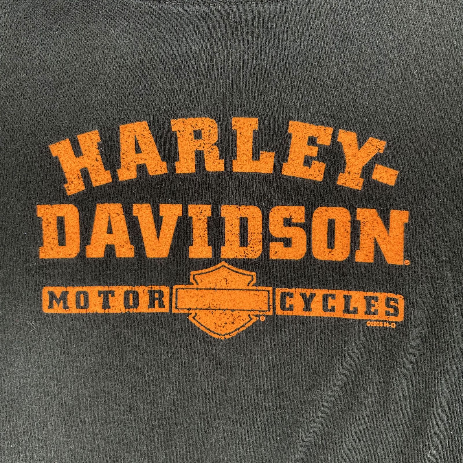 Harley-Davidson 半袖Tシャツ USA製 コットン ブラック×オレンジ 2008年コピーライト Bruce Rossmeyer's Daytona Beach 両面バイクプリント 袖ライン XL バイカー アメカジ