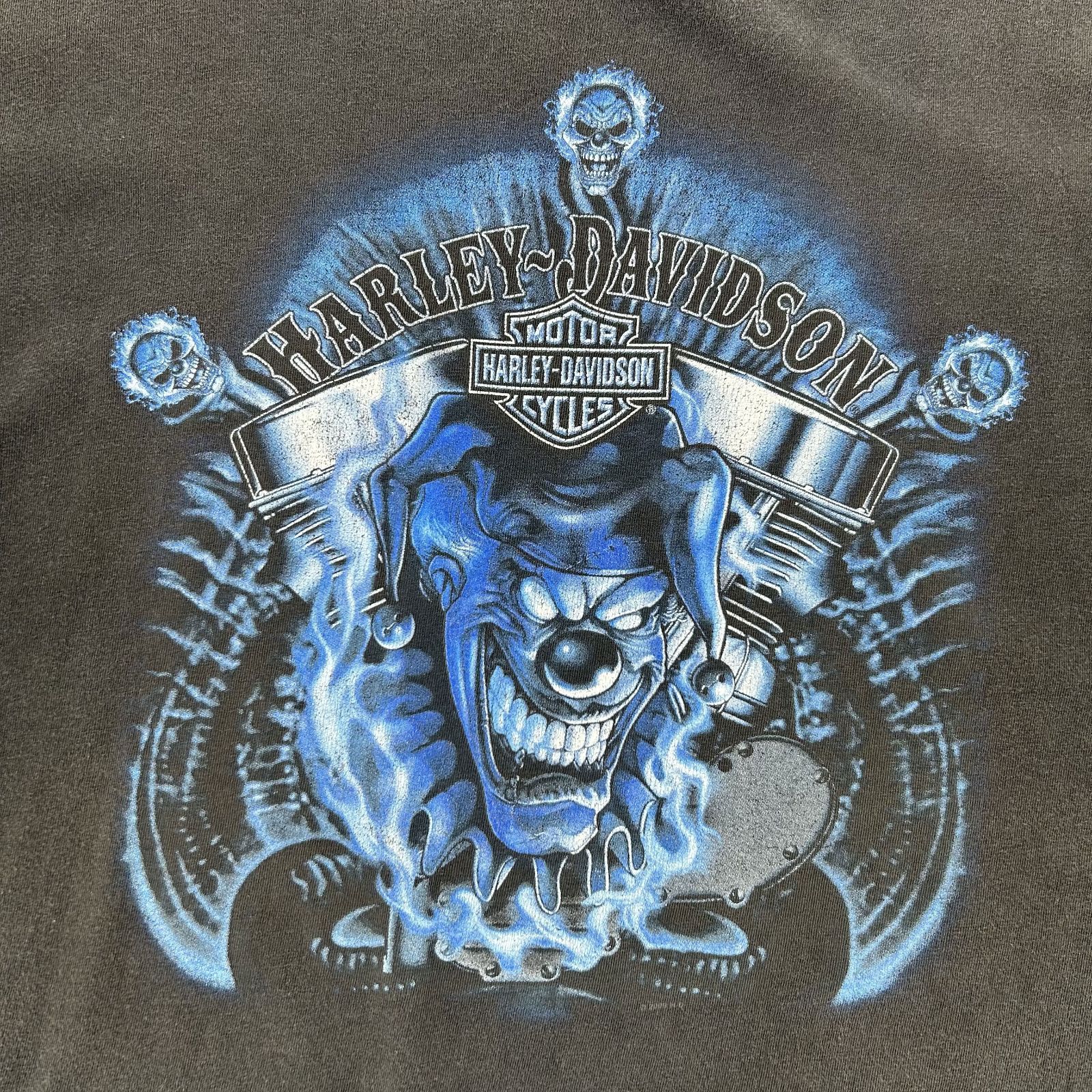 Harley-Davidson ハーレーダビッドソン 半袖Tシャツ 2010年コピーライト USA製 Hanes BEEFY-T 綿100% フェードブラック ブルーフレイム ピエロ＆スカル 両面プリント Daytona Beach 3XL バイカー ロック